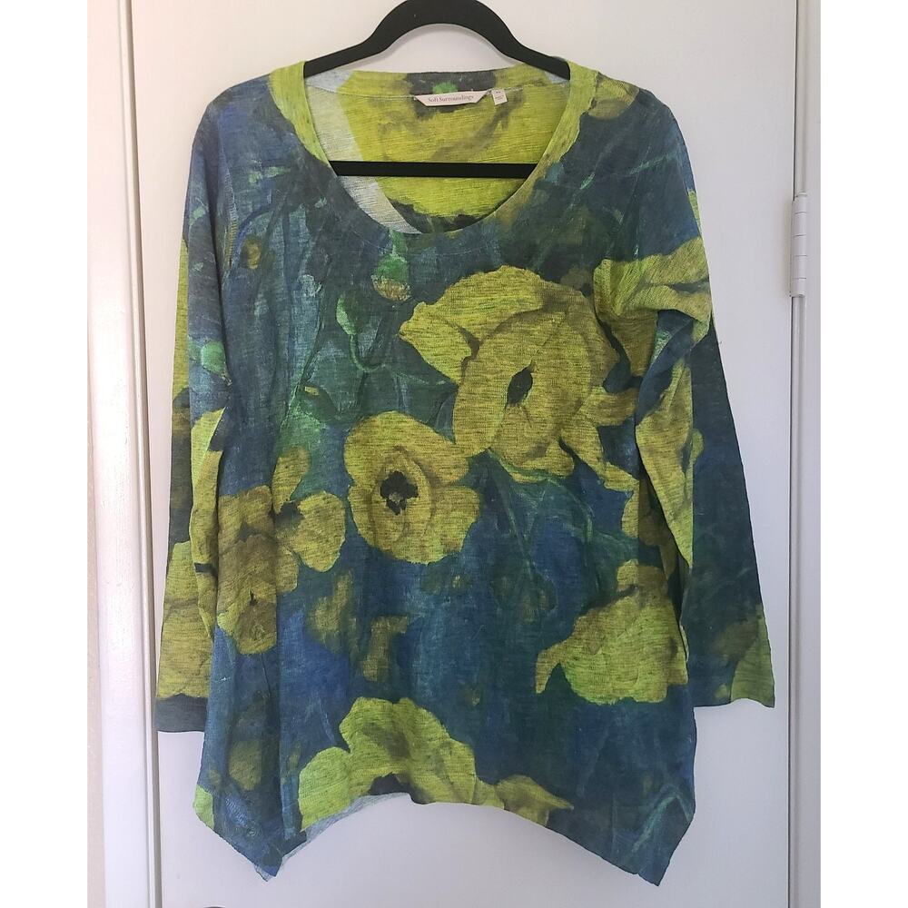 Soft Surroundings Women PS Petite Green Blue Floral Tunic Boho Top